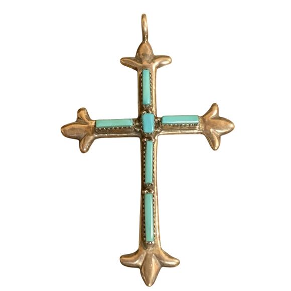 Zuni Artist G&L Leekity Pendant Sterling Silver and Turquoise Large Cross - Picture 2 of 7